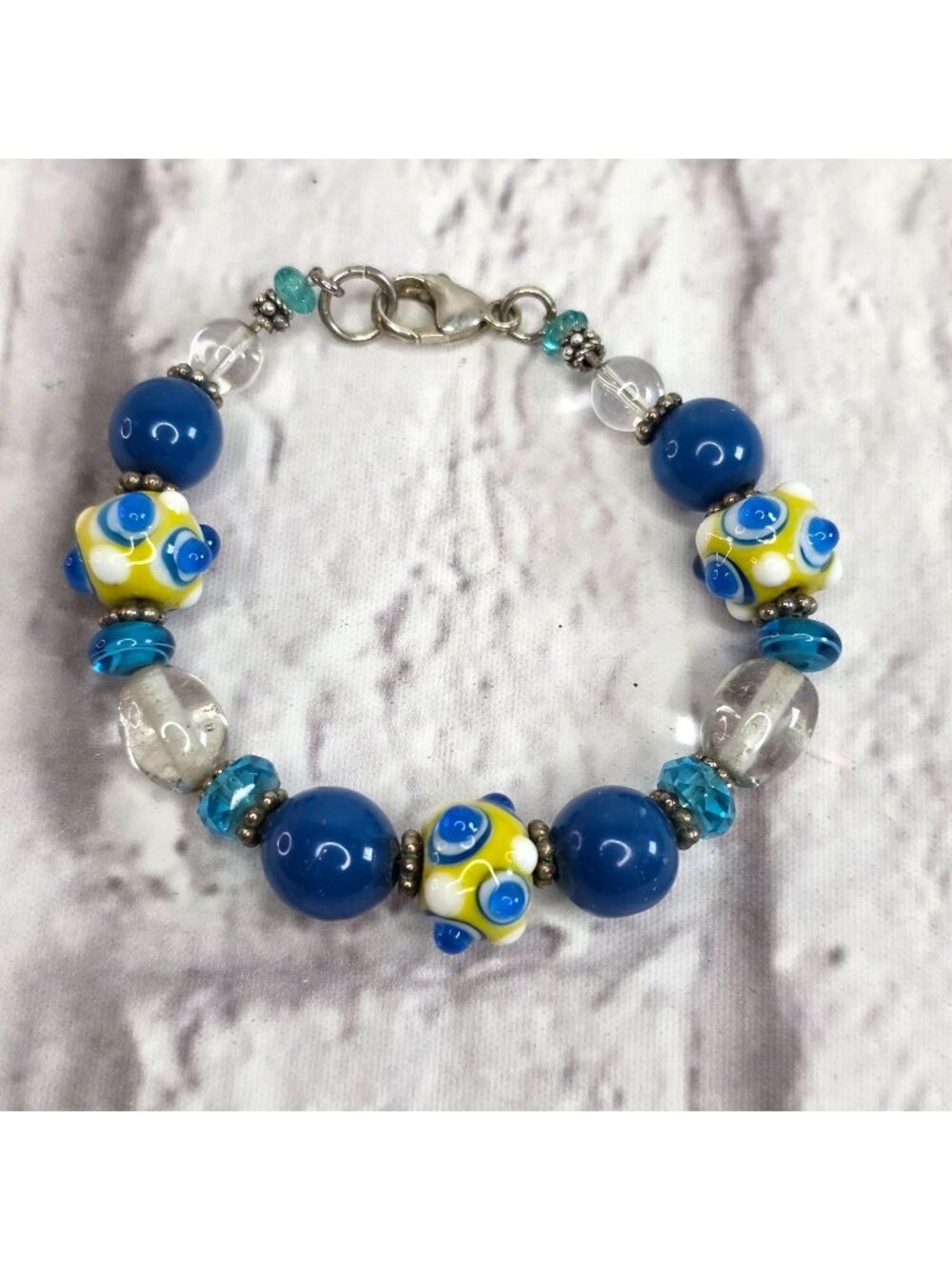 Vintage Bracelet Lampwork Blue Yellow Clear Glass Beads Silver Lobster Clasp 8"
